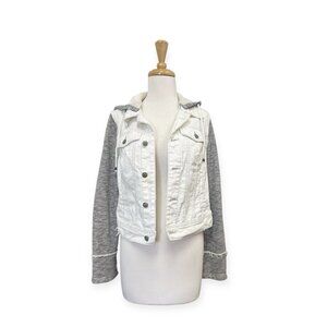 Free People White Hooded Denim Jacket Size S Small Knit Sleeves